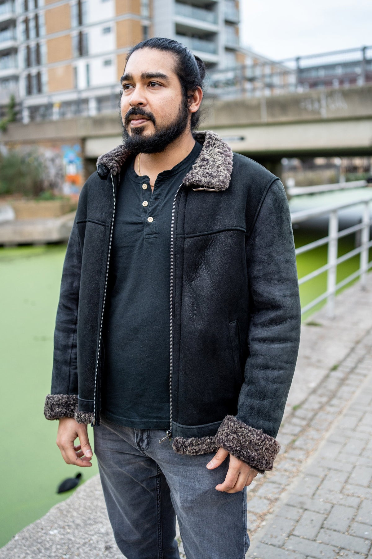 Premium Shearling & Black Leather Winter Aviator Jacket