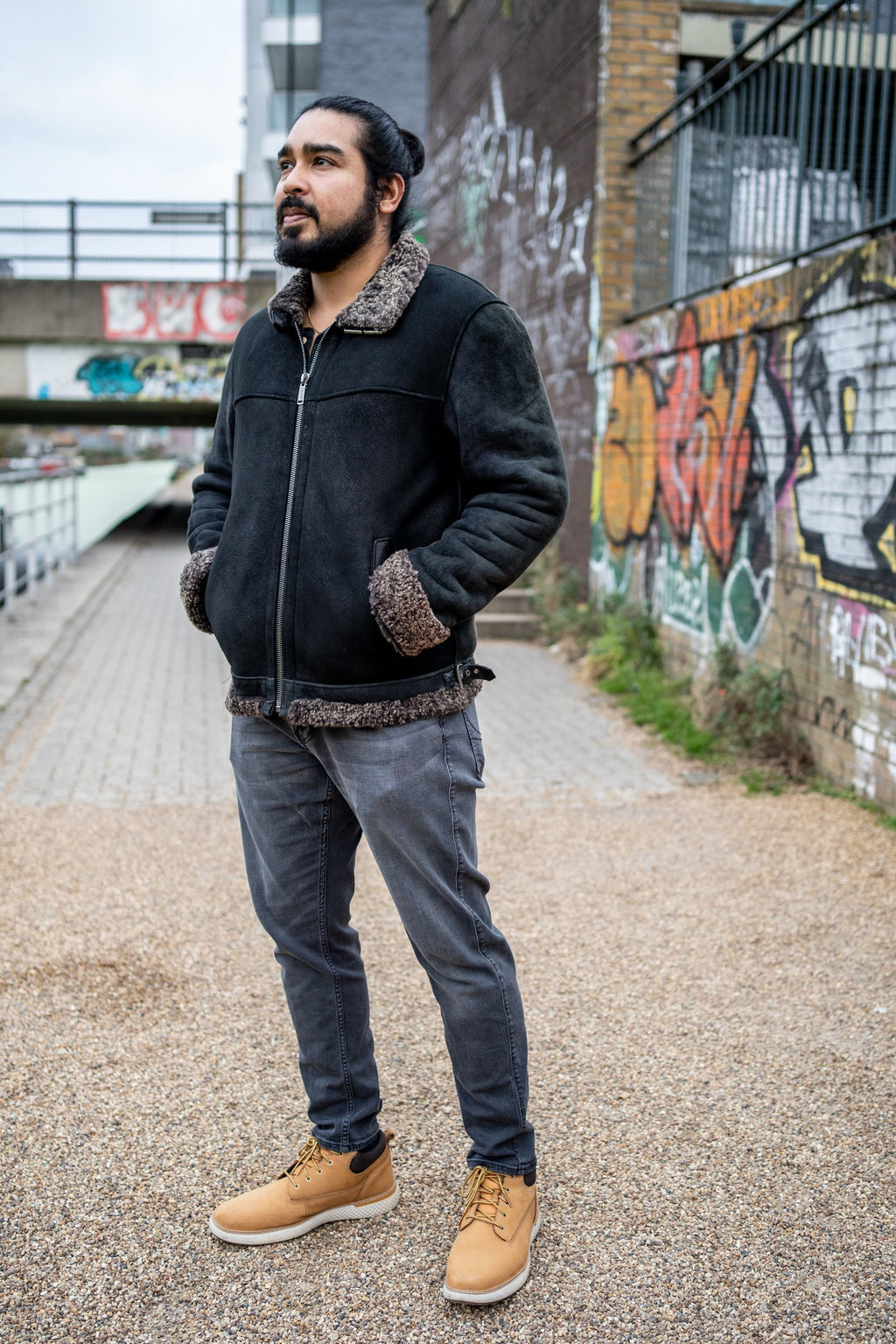 Premium Shearling & Black Leather Winter Aviator Jacket