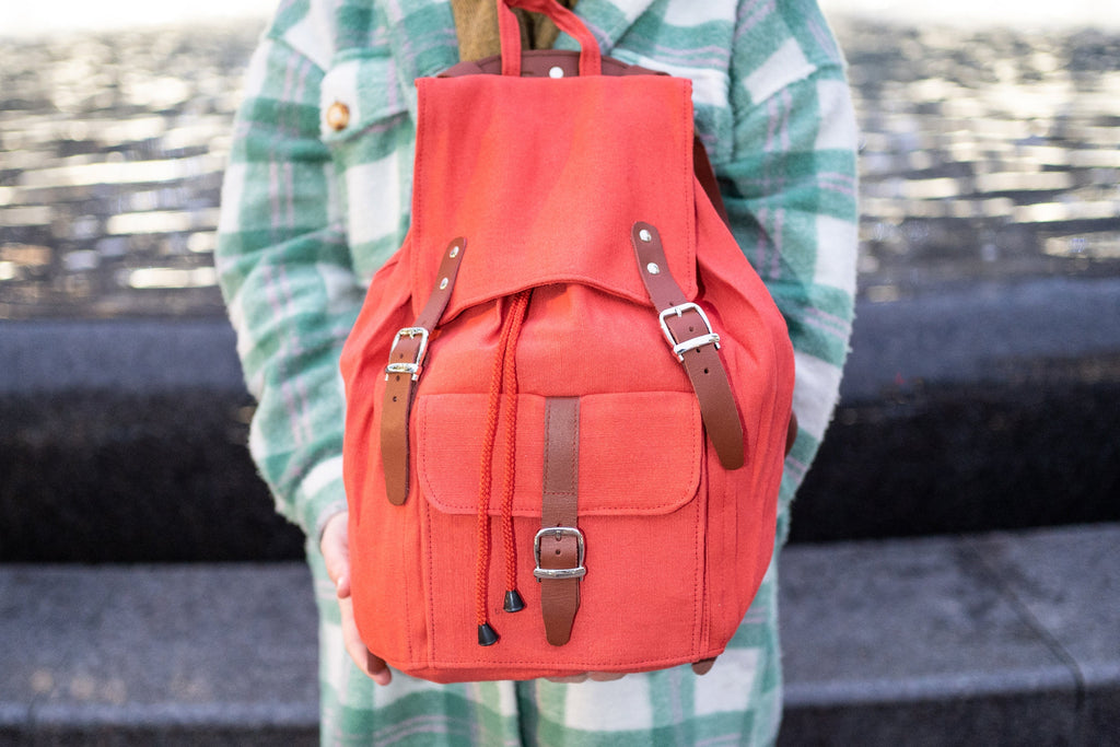 Leather And Jute Canvas Rucksack In Red