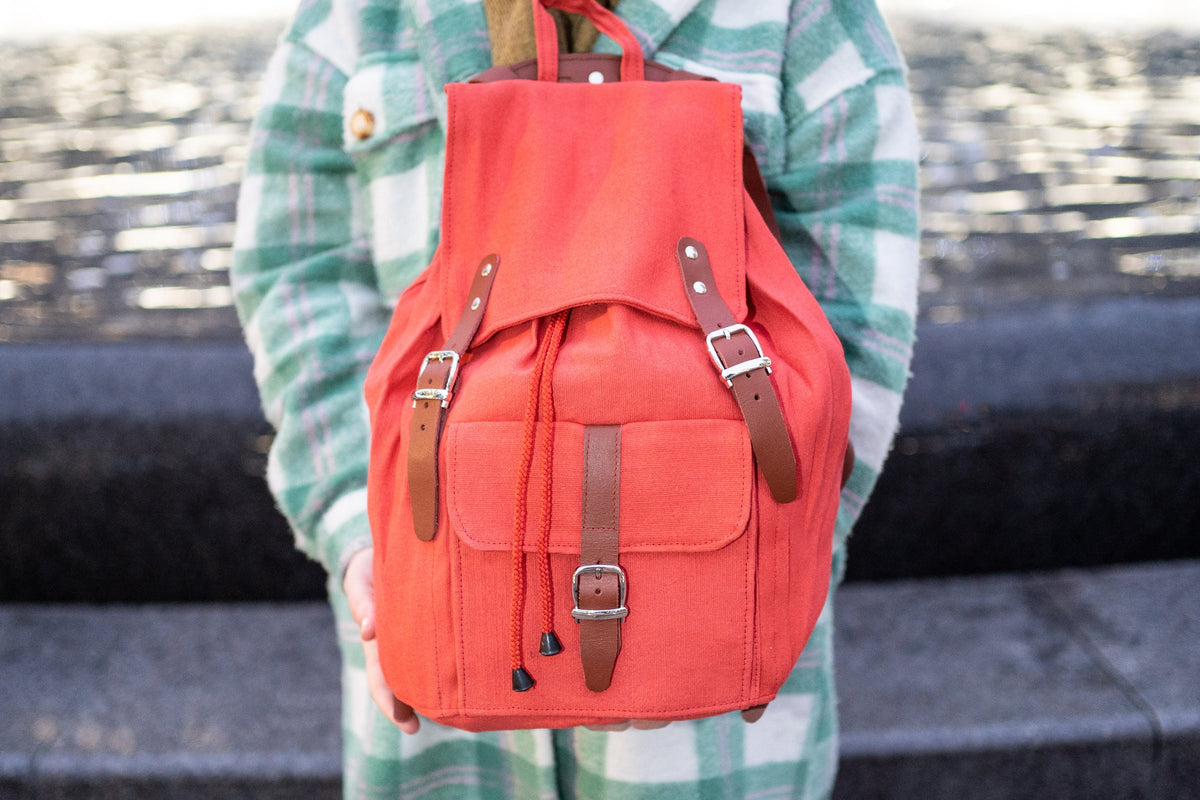 Leather And Jute Canvas Rucksack In Red