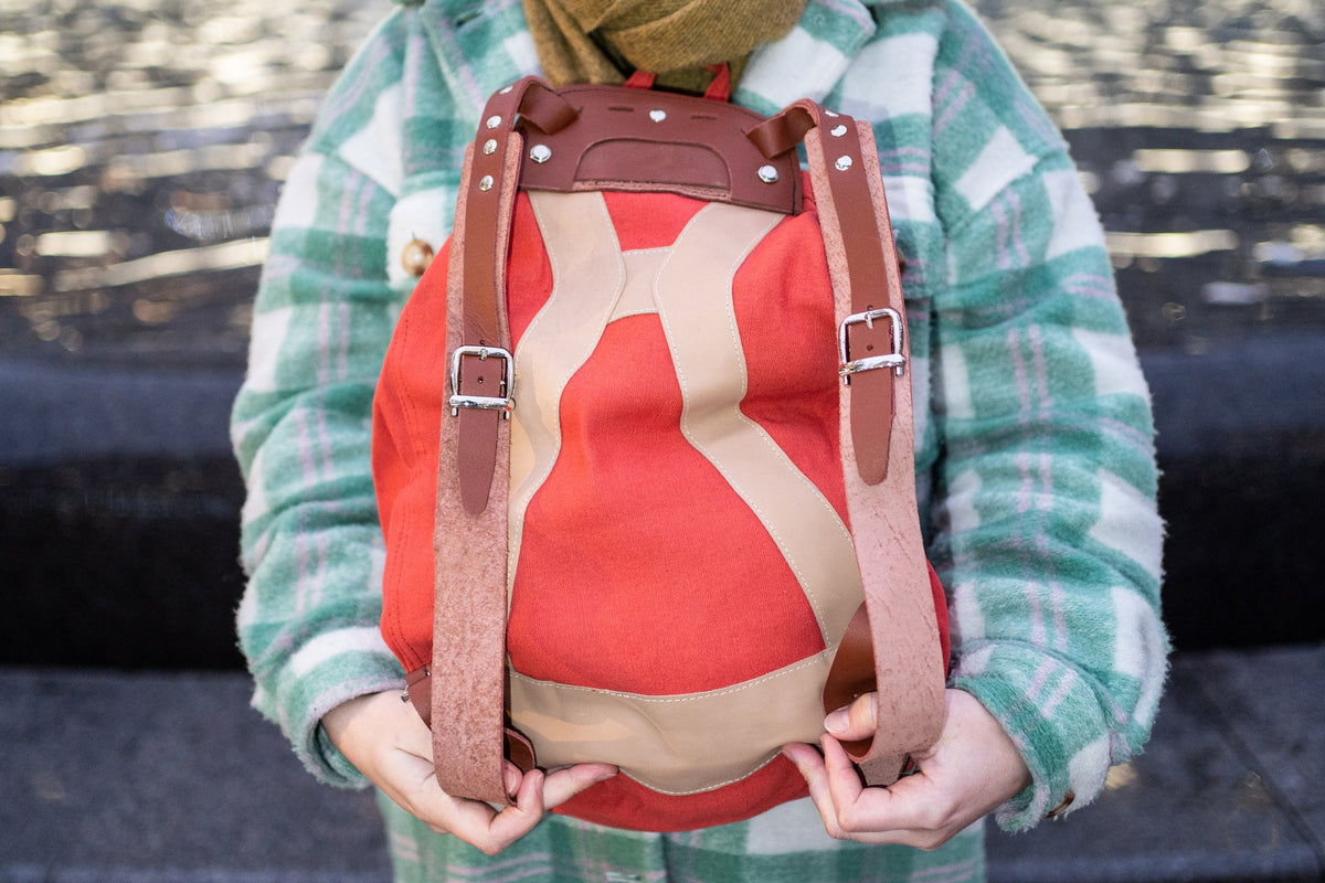 Leather And Jute Canvas Rucksack In Red