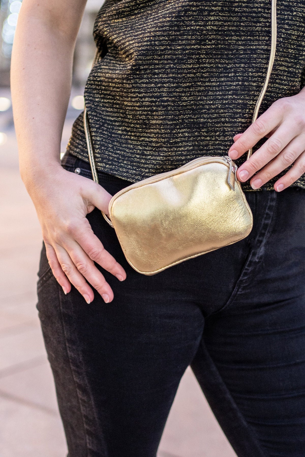 Metallic Gold Leather Purse With Shoulder Straps