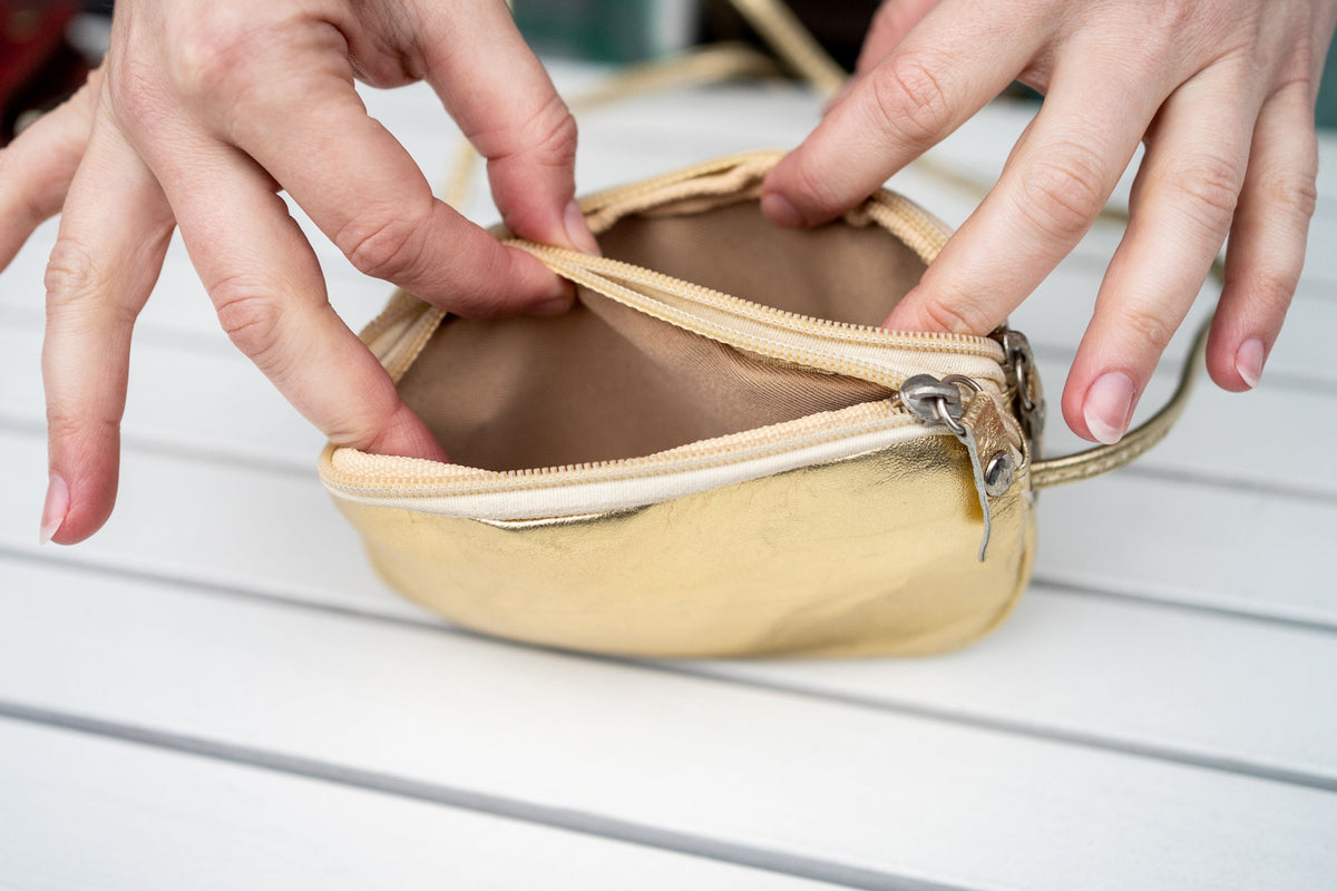 Metallic Gold Leather Purse With Shoulder Straps