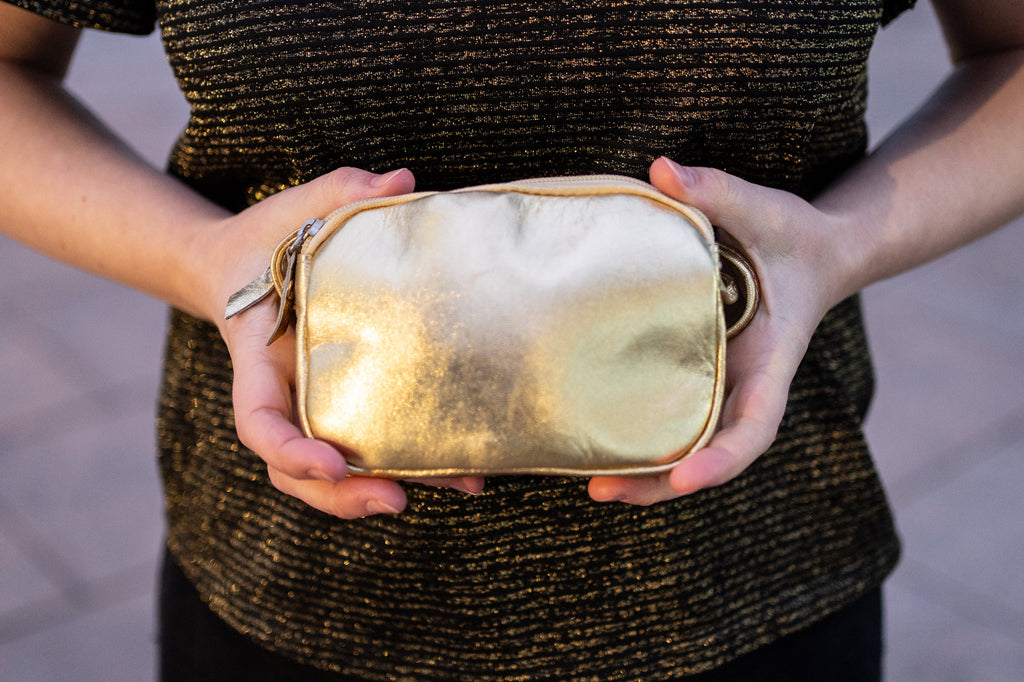Metallic Gold Leather Purse With Shoulder Straps