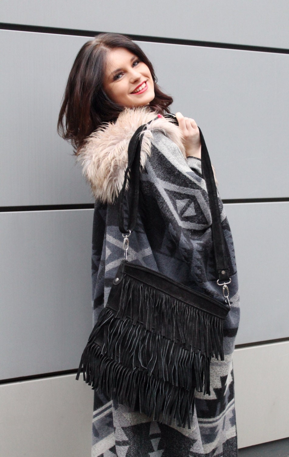 Suede Fringe Shoulder Bag In Black
