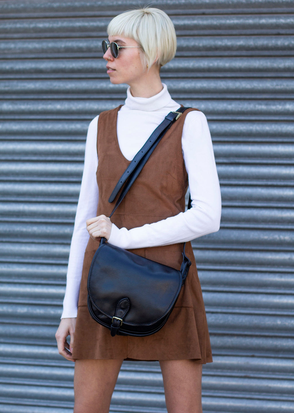 Leather Satchel Saddle Bag In Matte Black
