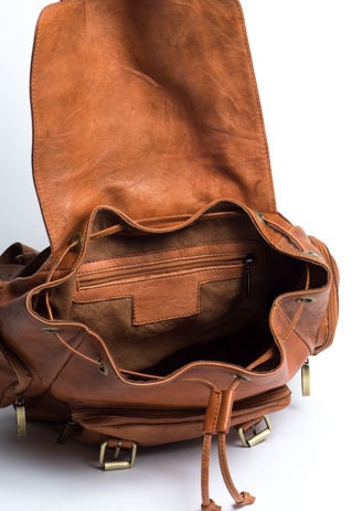 Tan Leather Retro Backpack Rucksack With Flap