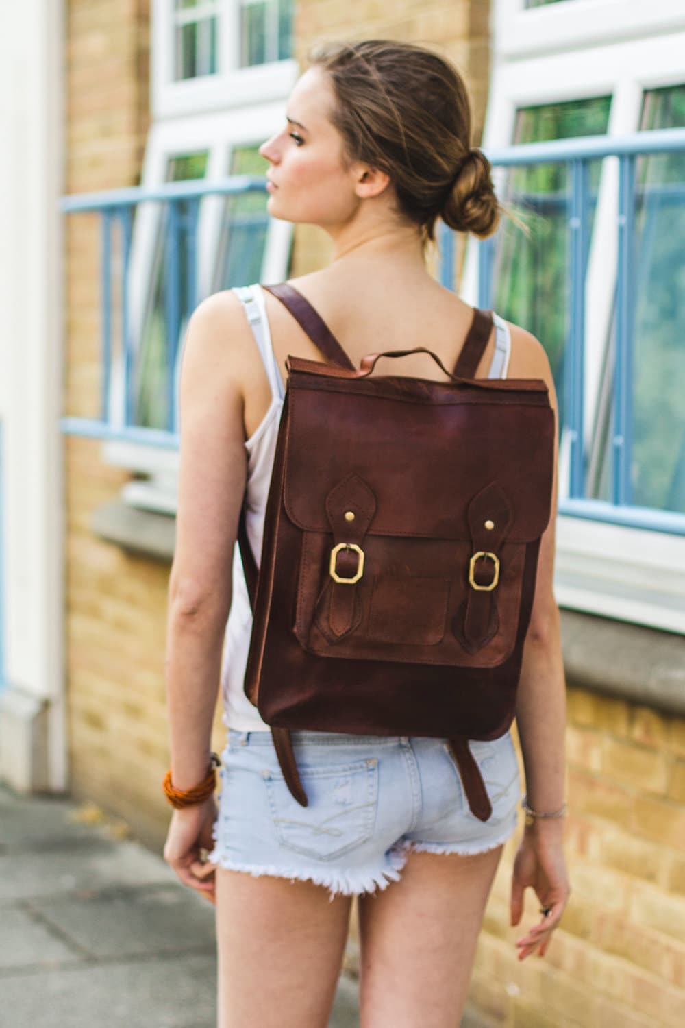 Leather Backpack In Brown With Flap And Buckles
