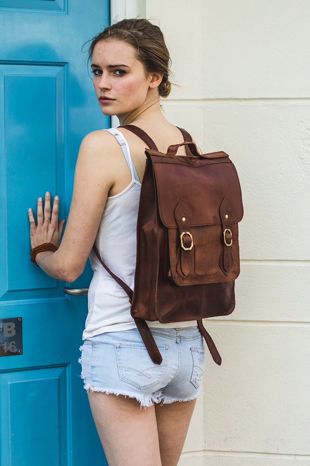 Leather Backpack In Brown With Flap And Buckles