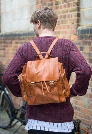 Tan Leather Retro Backpack Rucksack With Flap