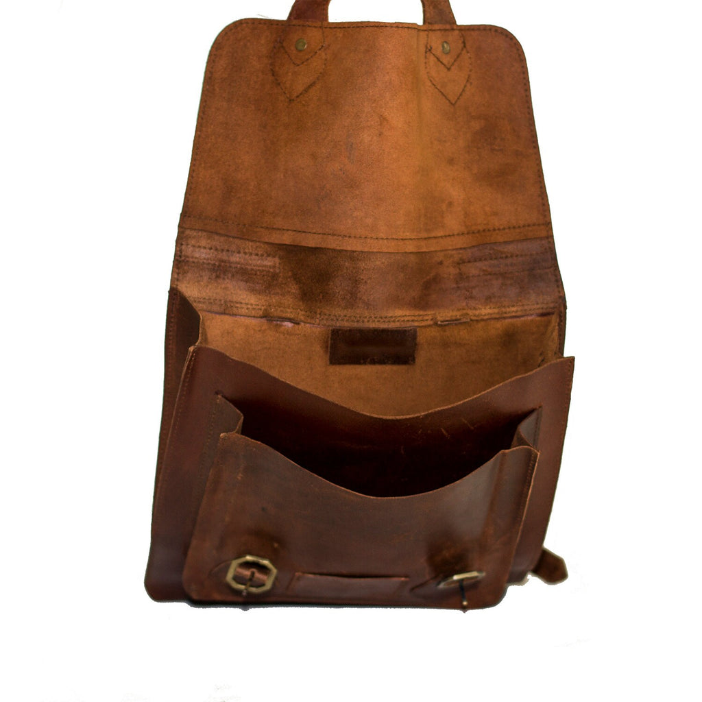 Leather Backpack In Brown With Flap And Buckles