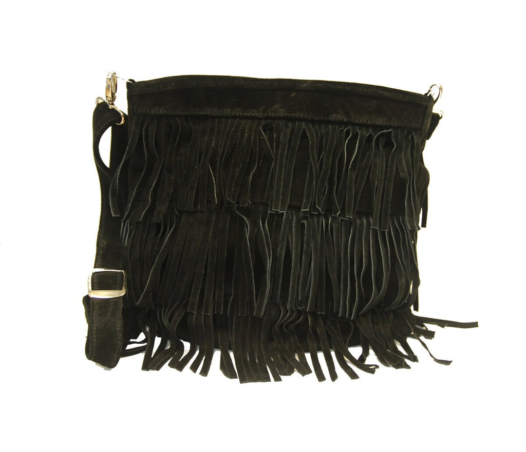 Suede Fringe Shoulder Bag In Black
