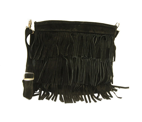Black Suede Fringe Shoulder Bag – Boho Festival Bag in Genuine Suede