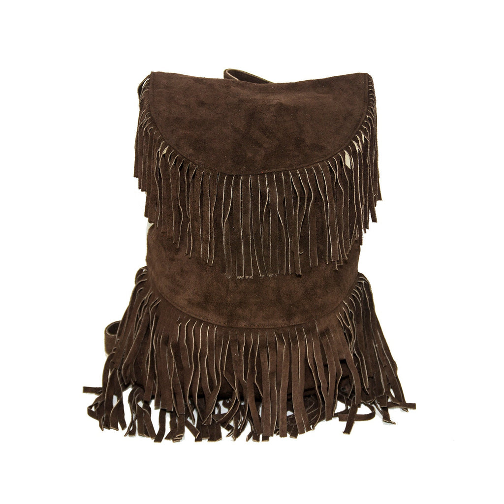 Suede Fringe Festival Boho Rucksack Backpack In Brown
