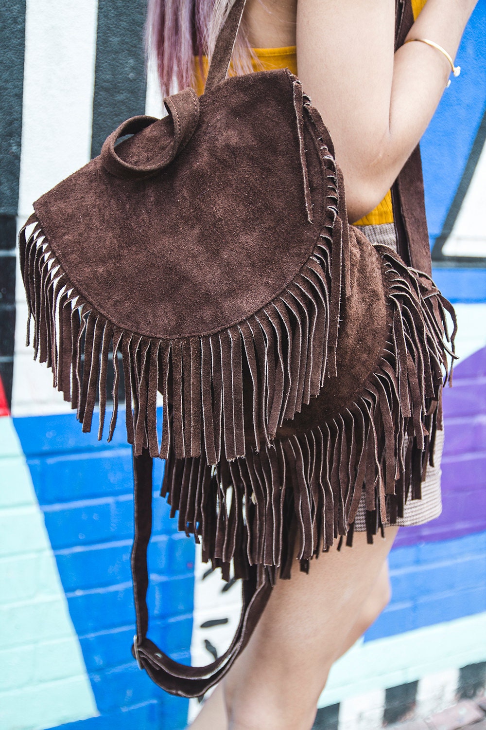 Suede Fringe Festival Boho Rucksack Backpack In Brown