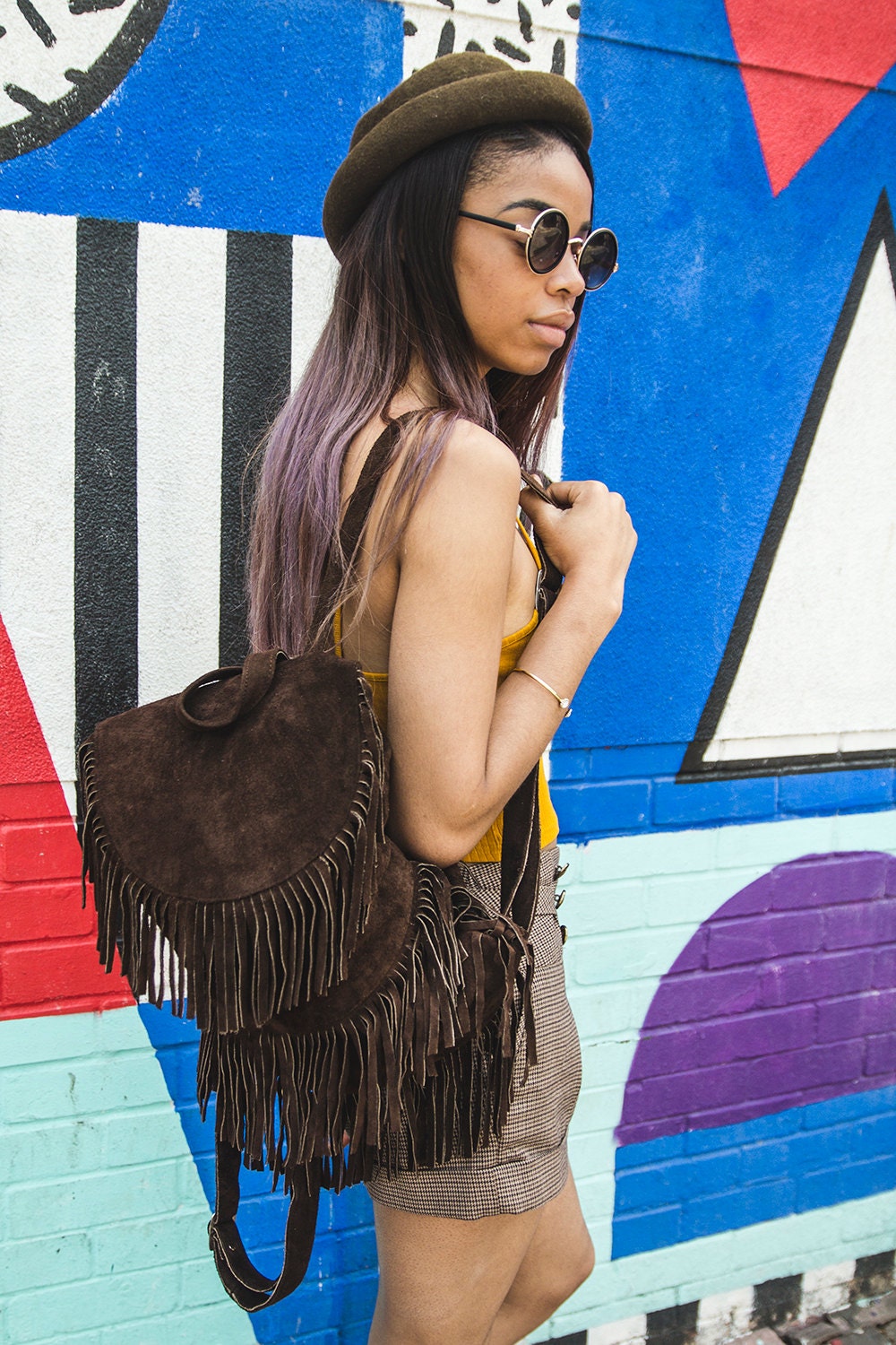 Suede Fringe Festival Boho Rucksack Backpack In Brown