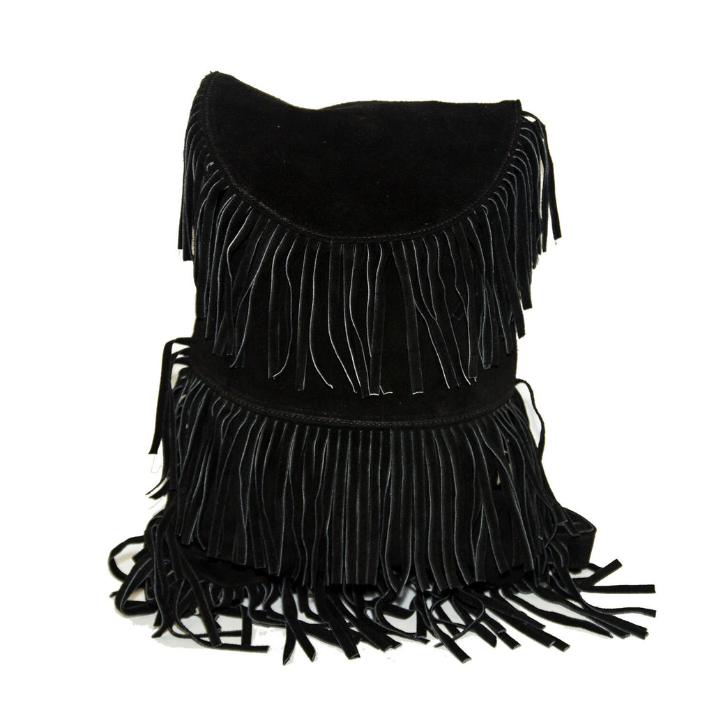 Suede Fringe Hipster Backpack | 80's Boho Style | Black