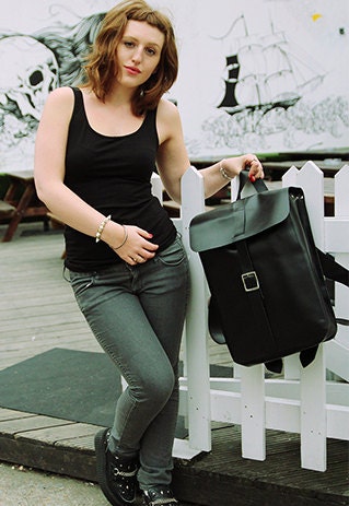 Black Leather Box Shaped Rucksack Backpack