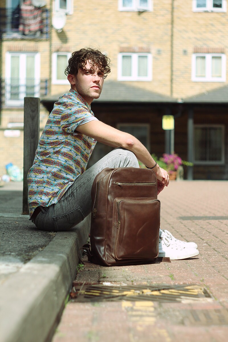 Waxed Leather Office Backpack In Stressed Brown