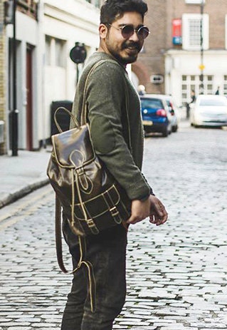 Coral Green Leather Rucksack Backpack