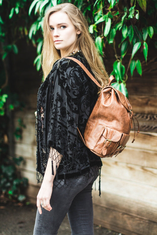 80's Festival Stressed Brown Rucksack (Medium: 3 Outside Pockets)